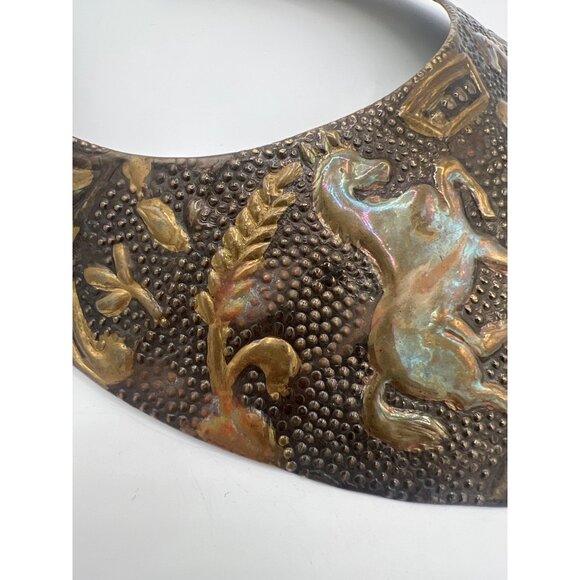Vintage Brass Heraldic Gorget Necklace Repoussé Horses & Shield Torque Collar - Picture 4 of 14